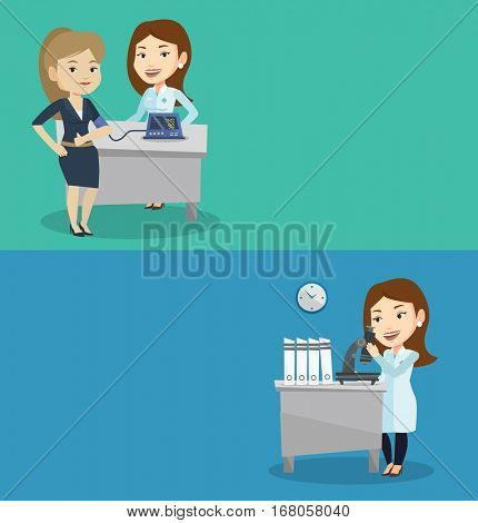 Two medical banners with space for text. Vector flat design. Horizontal layout. Young patient checking blood pressure with digital blood pressure meter. Doctor measuring blood pressure of patient.