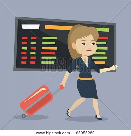 Woman walking at the airport. Passenger with suitcase walking on the background of schedule board at the airport. Woman pulling suitcase in airport. Vector flat design illustration. Square layout.