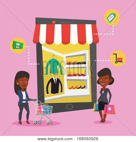 Young african-american women doing online shopping. Smiling women using mobile shopping. Happy people walking in store that looks like tablet computer. Vector flat design illustration. Square layout.
