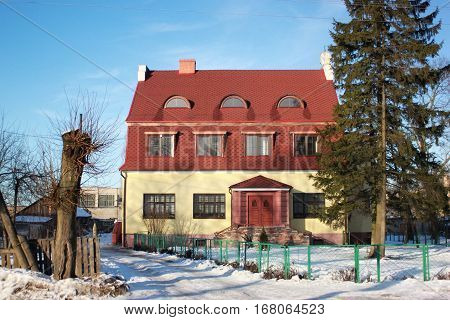 Old former german house in Polessk (Labiau) at winter day. Kaliningrad region Russia.