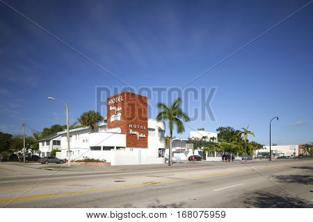 MIAMI - FEBRUARY 1 2017: Long exposure timelapse photo of the Hotel New Yorker which is a boutique hotel located at 6500 Biscayne Boulevard built in the 50's in MIMO style.