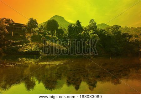 Landscape view of nature Sagklaburi colorful filter