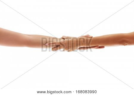 Two woman holding hand, isolated.