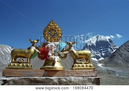 Dharmachakra on the roof of Buddhist monastery Driraphuk gompa at the North Face of sacred Mount Kailash in Western Tibet.