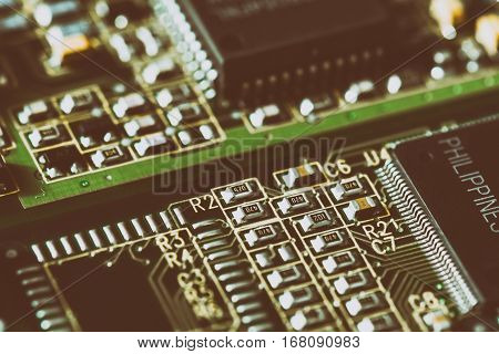 Electronic circuit board. CPU and memory chips