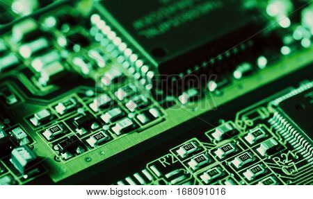 Electronic circuit board. CPU and memory chips
