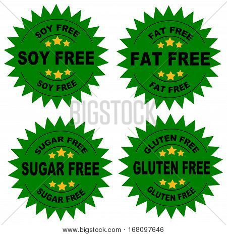 A set of seals indicating that the food is soy free, fat free, sugar fre and gluten free with a Green Background