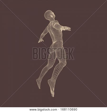 Silhouette of a Jumping Man. 3D Model of Man. Geometric Design. Polygonal Covering Skin. Human Body Wire Model. Vector Illustration 