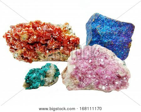 vanadinite cobaltocalcite chalcopyrithe dioptase semigem crystals geological mineral isolated