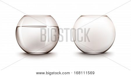 Vector Set of Realistic Brown Transparent Smooth Shiny Glass Fishbowls Aquariums with Water without Fish Isolated on White Background