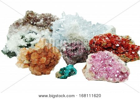 celestite quartz dioptase semigem crystals geological mineral isolated