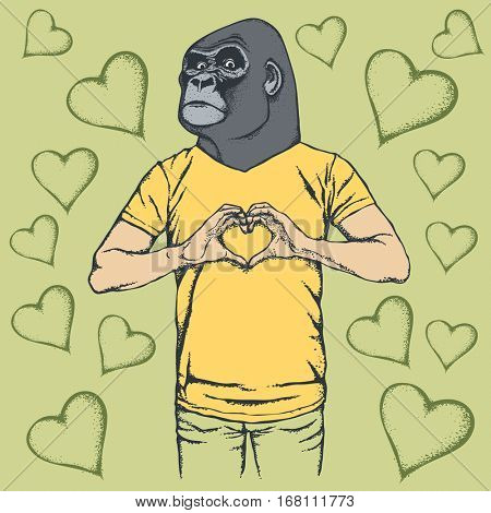 Monkey Valentine day vector concept. Illustration of african gorilla head on human body. Monkey showing heart shape