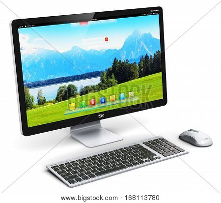 3D render illustration of modern professional desktop computer PC workstation with screen or monitor display with nature landscape keyboard and mouse isolated on white background