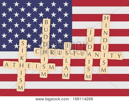 Religion Diversity In The USA Concept: Letter Tiles Creating The Words Christianity Islam Judaism Buddhism Hinduism Sikhism Atheism with US flag 3d illustration