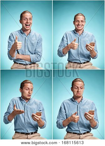 The young smiling caucasian businessman on blue background talking on cell phone. Collage