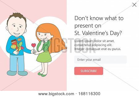 St. Valentine's Day theme. Vector template for email subscribe with cartoon couple in love.