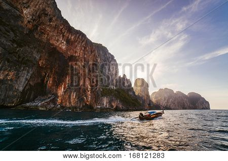 A small boat at dawn. Thai boat