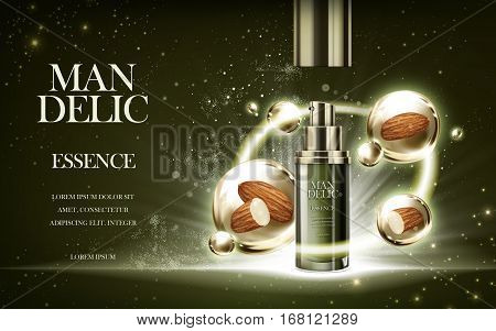 essence contained in bottle with almond background 3d illustration