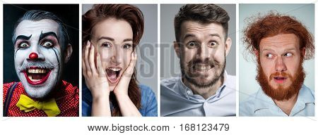 The collage of surprised young men and women