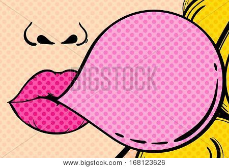 Close-up of a woman's face with pink lips and gum bubble. Vector illustration