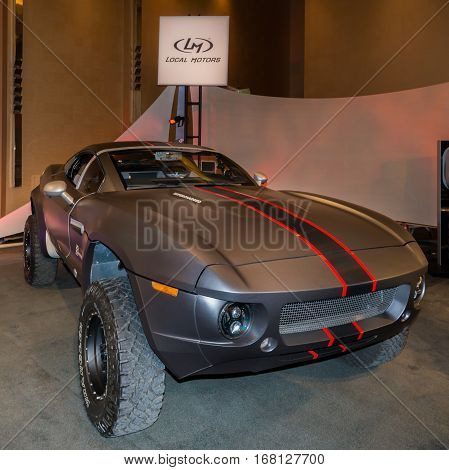 DETROIT MI/USA - JANUARY 11 2015: Local Motors Rally Fighter at The Gallery an event sponsored by the North American International Auto Show (NAIAS) and the MGM Grand Detroit.