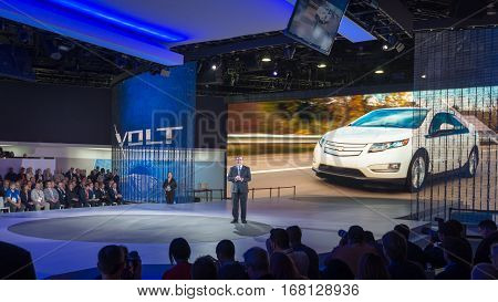 DETROIT MI/USA - JANUARY 12 2015: GM North America President Alan Batey / 2016 Chevrolet Volt reveal at the North American International Auto Show (NAIAS).