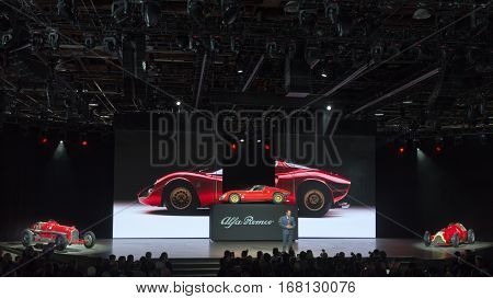 DETROIT MI/USA - JANUARY 12 2015: Chrysler executive Reid Bigland / Alfa Romeo 4C Spider revel at the North American International Auto Show (NAIAS) one of the most influential car shows in the world each year.