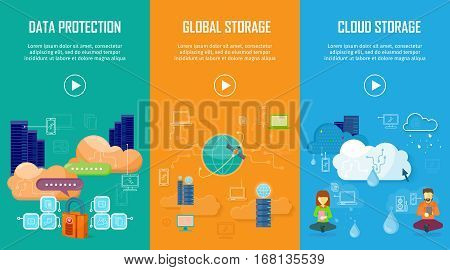 Data protection global storage cloud storage banners set. Online storage concept. Storage and cloud, cloud computing, cloud backup, data network internet web connection. Saving information. Vector