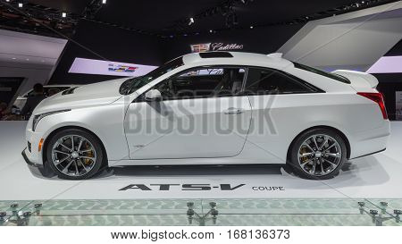 DETROIT MI/USA - JANUARY 13 2015: DETROIT MI/USA - JANUARY 13 2015: Cadillac ATS-V Coupe car at the North American International Auto Show (NAIAS) one of the most influential car shows in the world each year.