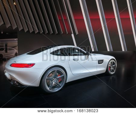 DETROIT MI/USA - JANUARY 14 2015: Mercedes AMG GT S car at the North American International Auto Show (NAIAS) one of the most influential car shows in the world each year.