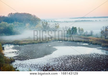 Train tracks next to small pond with reflections