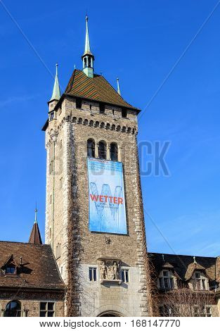 Zurich, Switzerland - 29 January, 2017: tower of the Swiss National Museum. The Swiss National Museum (German: Landesmuseum) is one of the most important art museums of cultural history in Europe.