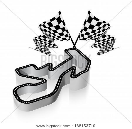 Driving racing circuit with a relief showing the height of the road above sea level. Three-dimensional vector illustration with checkered flag