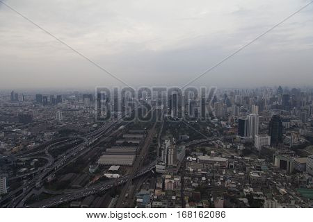 The townscape from above in a cloudy awning bores