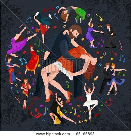 Vector illustration of couple dancing modern dance, Partners dance bachata, Dancing style design concept set, traditional dance flat icon isolated vector illustration, Man and woman ballroom dancing.