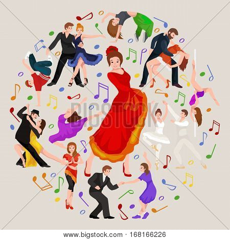 Vector illustration of couple dancing modern dance, Partners dance bachata, Dancing style design concept set, traditional dance flat icon isolated vector illustration, Man and woman ballroom dancing.