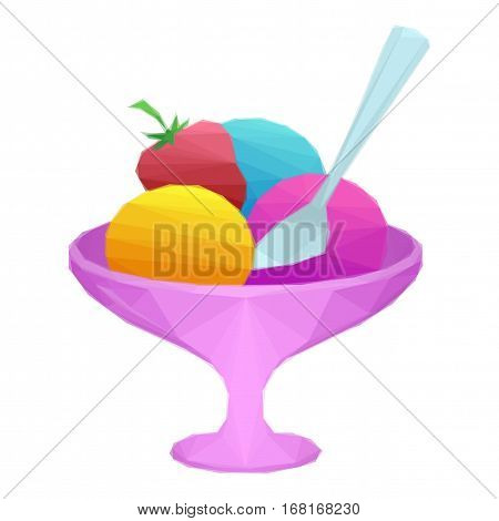 Sweet Dessert, Low Poly Ice Cream and Fruit in Vase with Spoon, Isolated on White Background. Vector