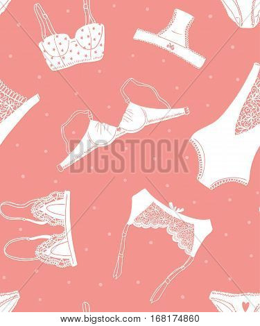 Seamless pattern of icons of women's underwear on a pink background with dots, hand-drawn design. Vector illustration.