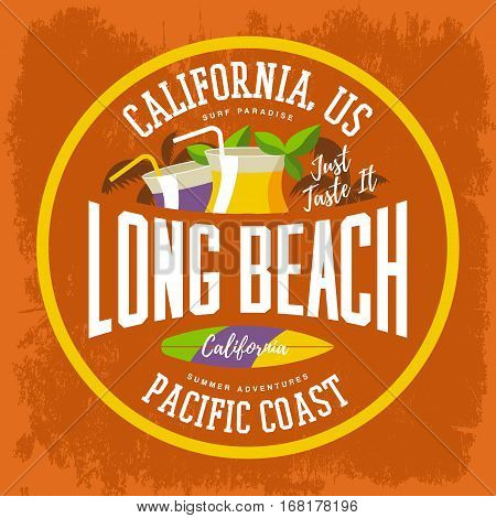 Surfboard and palms, cocktails with drinks and straw for Long Beach at California sign. Summer surfer sport advertising, west t-shirt print and summer clothing design branding. Vacation, travel theme