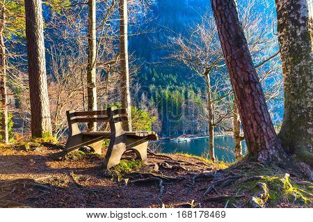 bench at bavarian lake near Neuschwanstein in german alps in Bavaria, germany