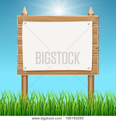 Wooden blank sign board with paper blue sky. Billboard with empty poster illustration