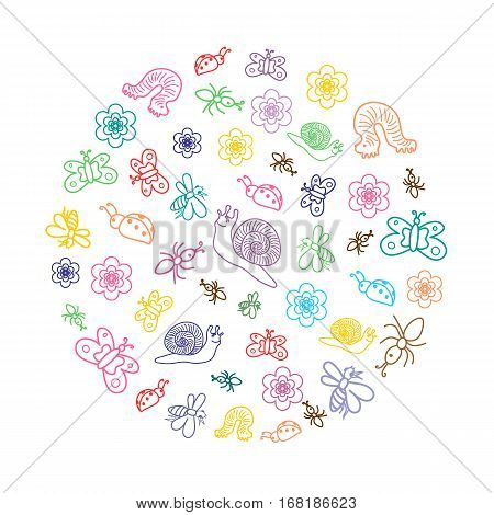Vector Illustration. Colorful Funny Doodle Insects. Children Drawings of Cute Bugs Butterflies Ants and Snails Arranged ina Circle. Sketch Style.