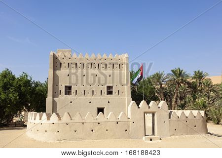 MEZAIRAA, UAE - DEC 4, 2016: Historic Dhafeer fort in Liwa Oasis area town of Mezairaa. Emirate of Abu Dhabi United Arab Emirates Middle East