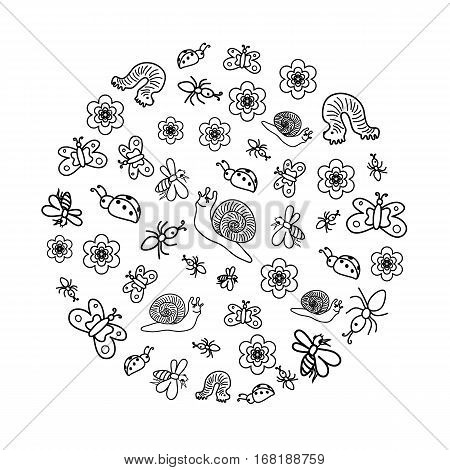 Vector Illustration. Funny Doodle Insects. Children Drawings of Cute Bugs Butterflies Ants and Snails Arranged ina Circle. Sketch Style.