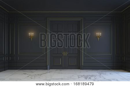A classic interior is in dark tones. 3d rendering.