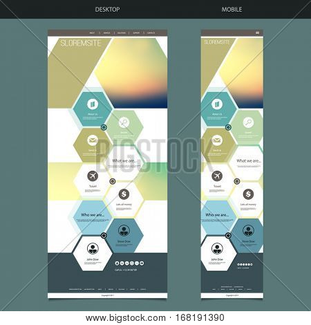 One Page Website Template with Blurred Background - Sunset Sky Header Design, Hexagonal Pattern - Desktop and Mobile Version