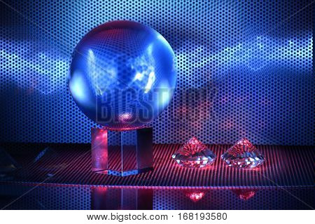 Magic crystal ball with blue lightning on a table