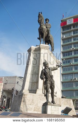 ANKARA, TURKEY - JANUARY 17, 2017: Statue of Victory in Ulus Square. Ulus, Ankara. The monument was inaugurated on 24 November 1927 and It was restored in 2002.