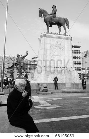 ANKARA, TURKEY - JANUARY 17, 2017: Statue of Victory in Ulus Square. Ulus, Ankara. The monument was inaugurated on 24 November 1927 and It was restored in 2002.