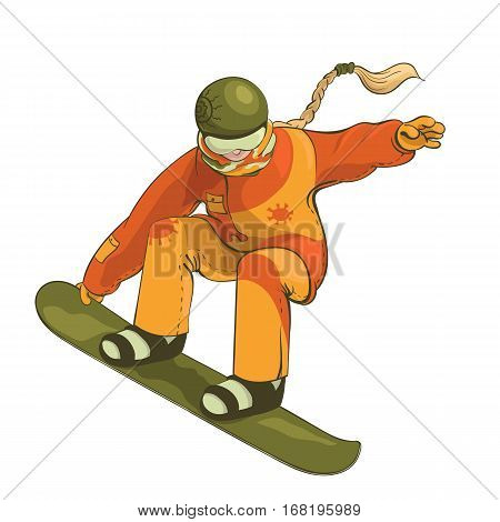 Illustration of a snowboarder during a jump tail grab isolated on the white background.